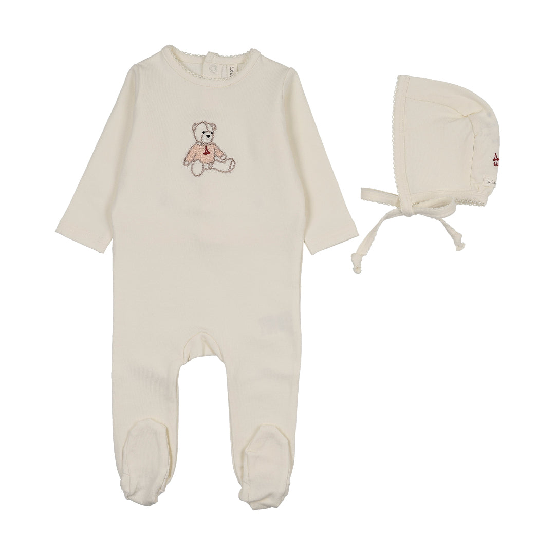 Cream/Pink Sweet Bear Footie Set