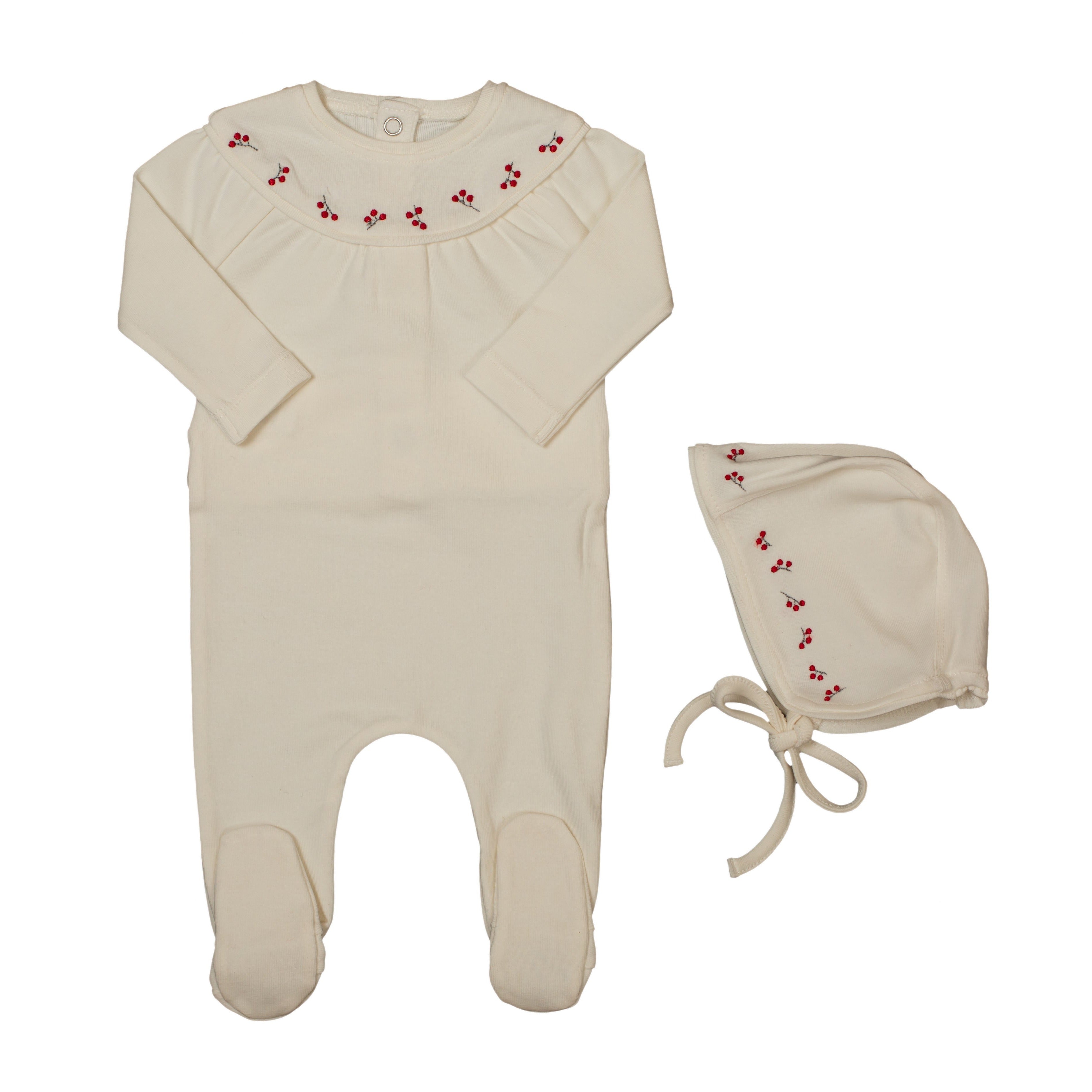 Snow White Lily Embroidered Footie & Bonnet Set