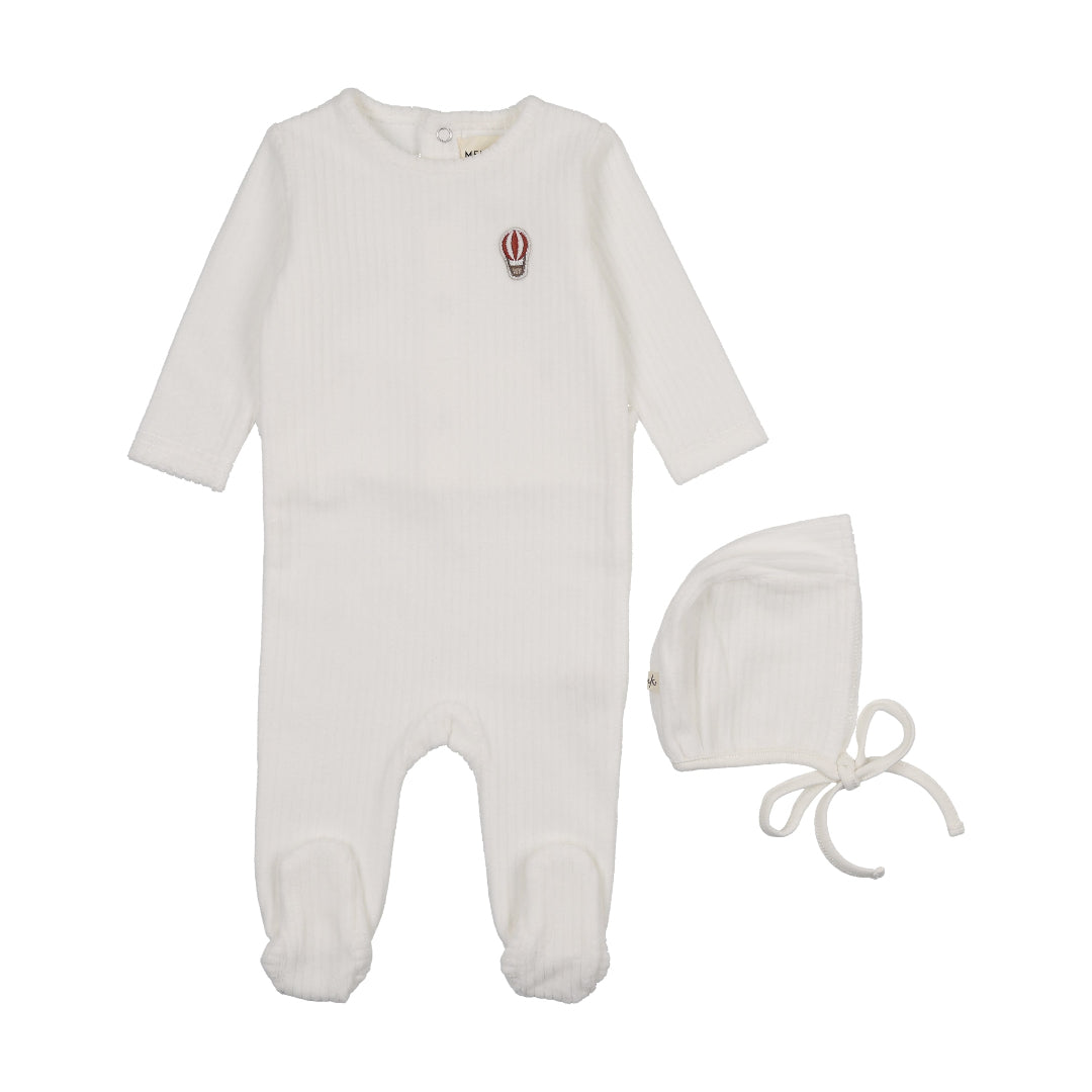 Winter White/ Red Balloon Ribbed Velour Embroidered Footie+Bonnet