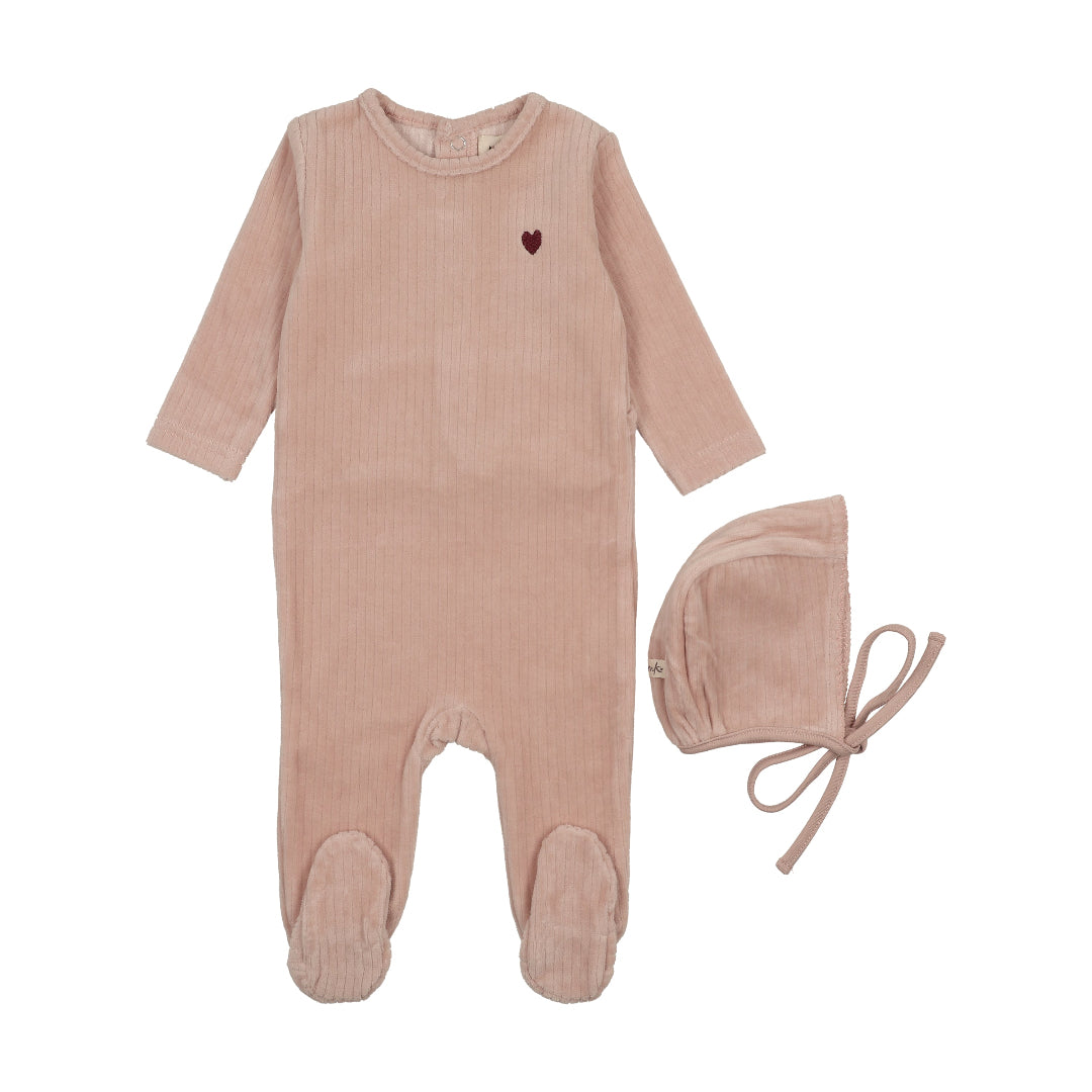 Pale Pink/ Rose Heart Ribbed Velour Embroidered Footie+Bonnet