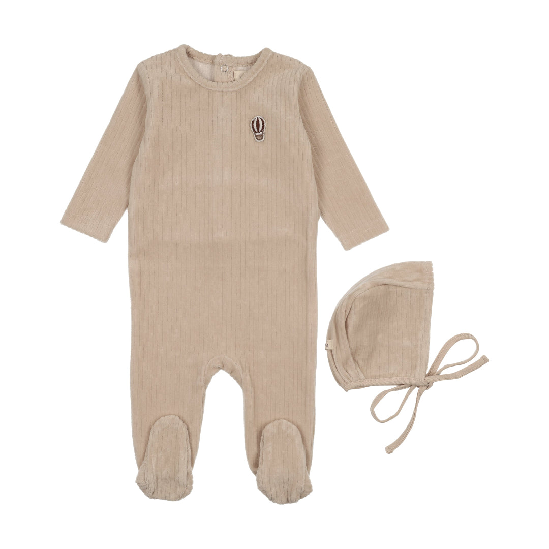 Oatmeal/Mink Ballon Ribbed Velour Embroidered Footie+Bonnet