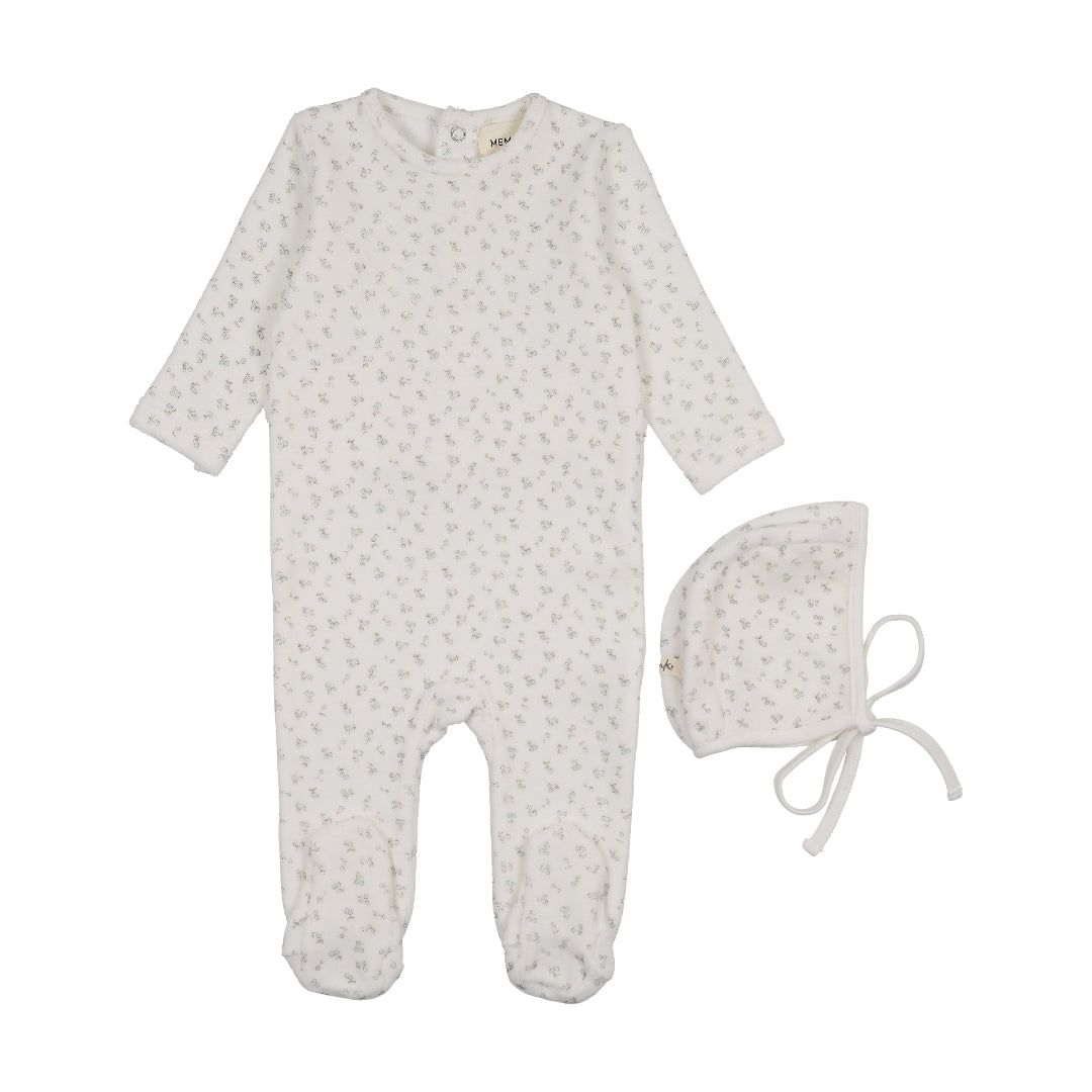 Blue Cherries Velour Cherry Printed Footie + Bonnet