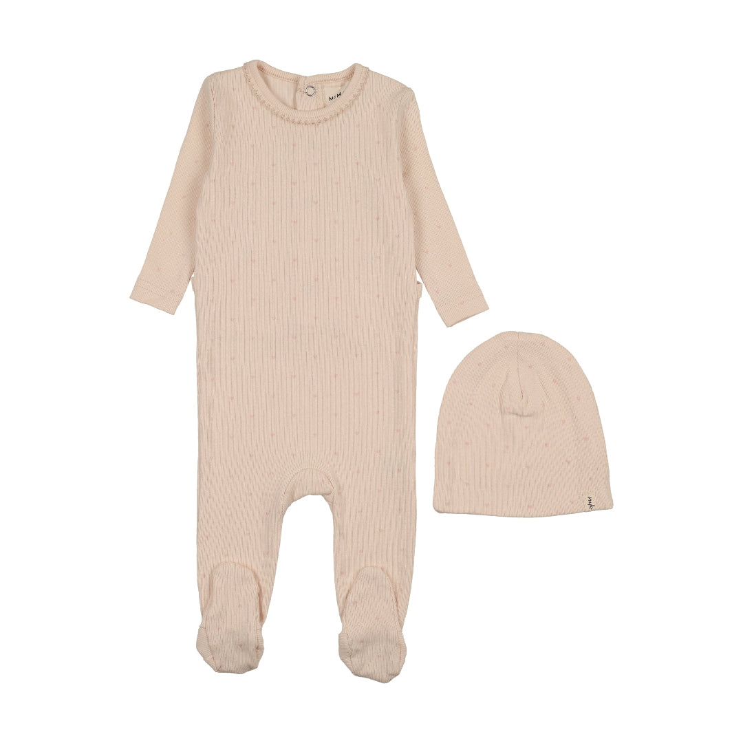 Light Pink/ Rose Hearts Heart Printed Footie+Bonnet