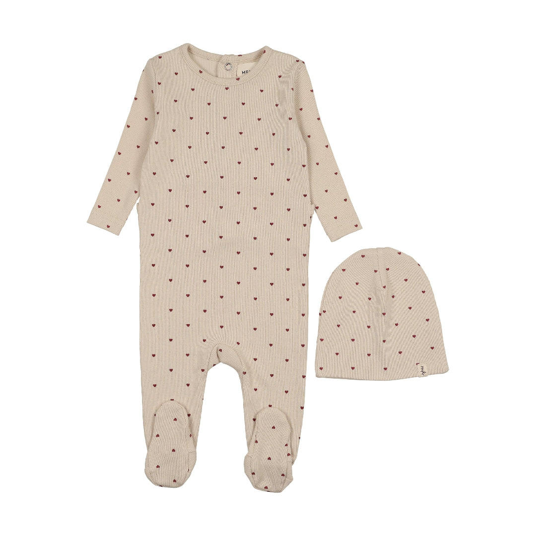 Ecru/Red Hearts Heart Printed Footie+Bonnet
