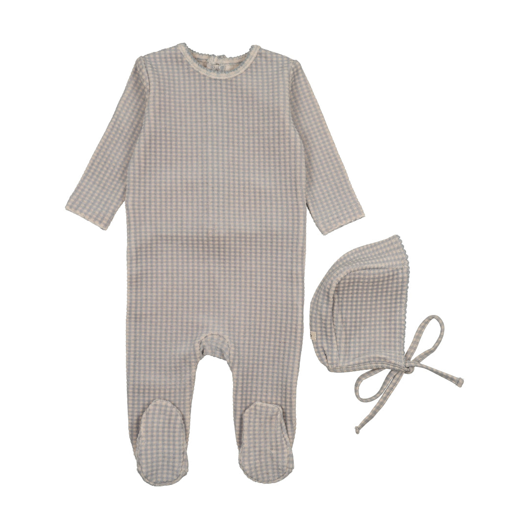 Windy Blue Velour Gingham Footie+Bonnet