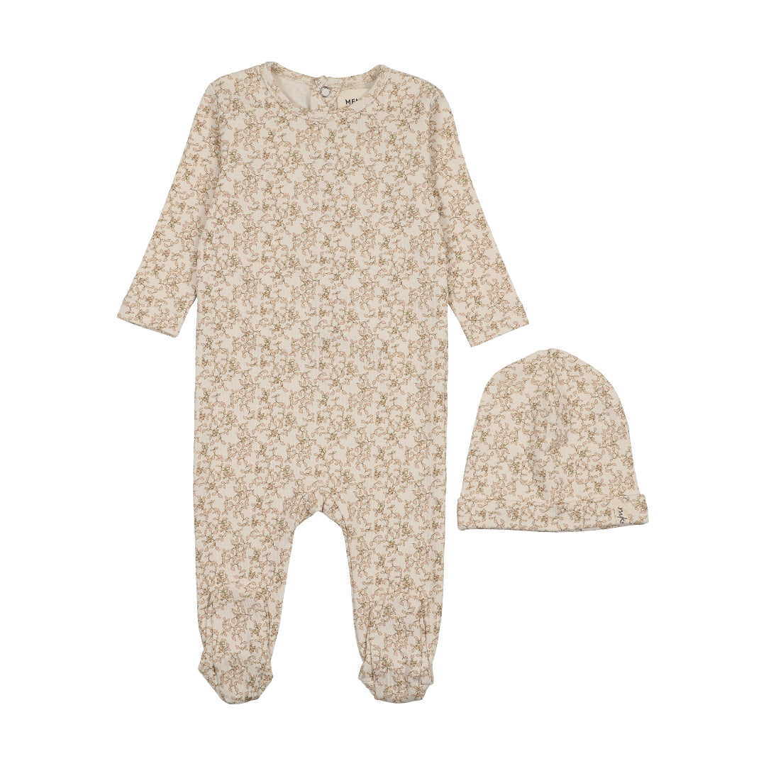 Pink Leaves Print Leaf Print Footie+Bonnet