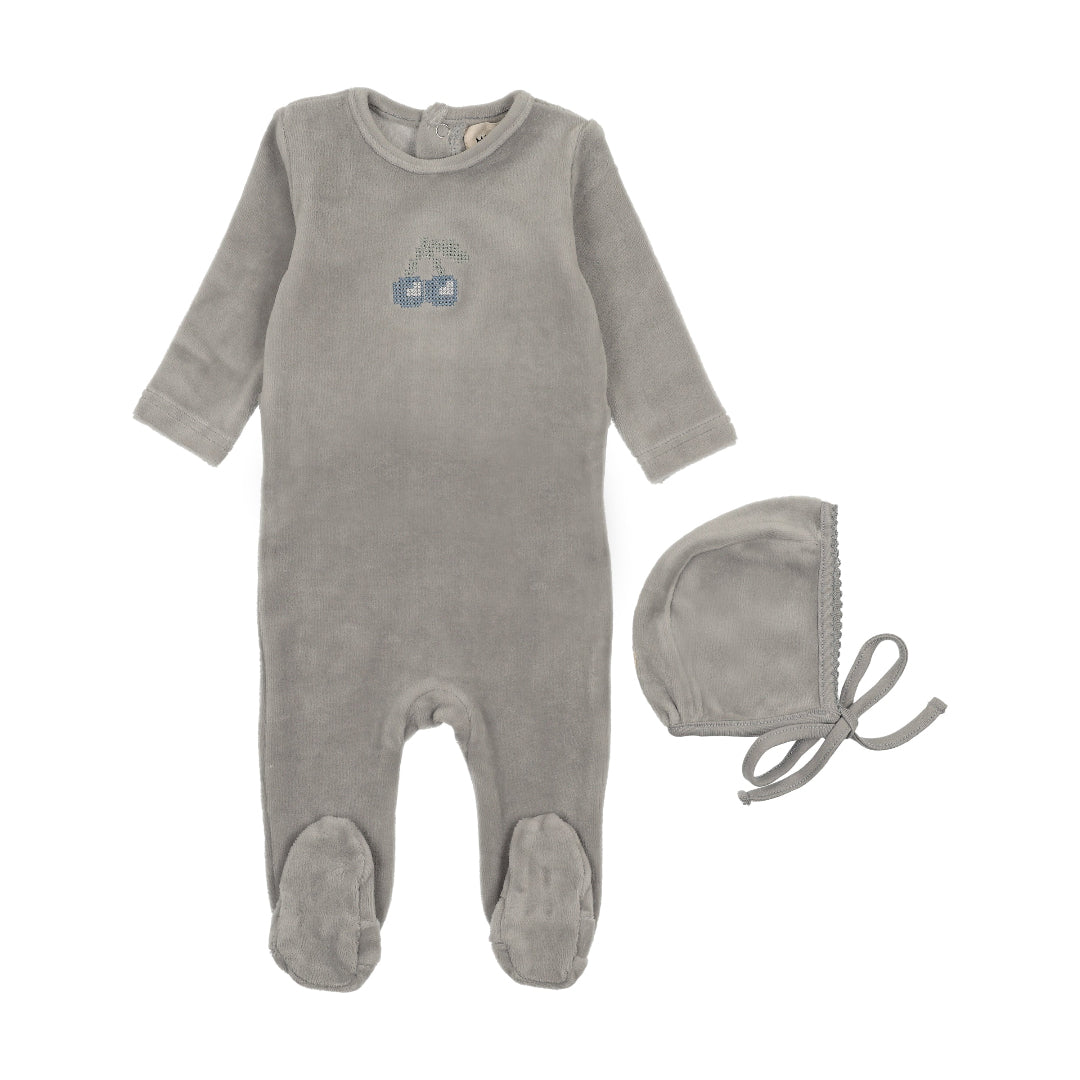 Misty Blue/Blue Cherry Velour Embroidered Cherry Footie+Bonnet