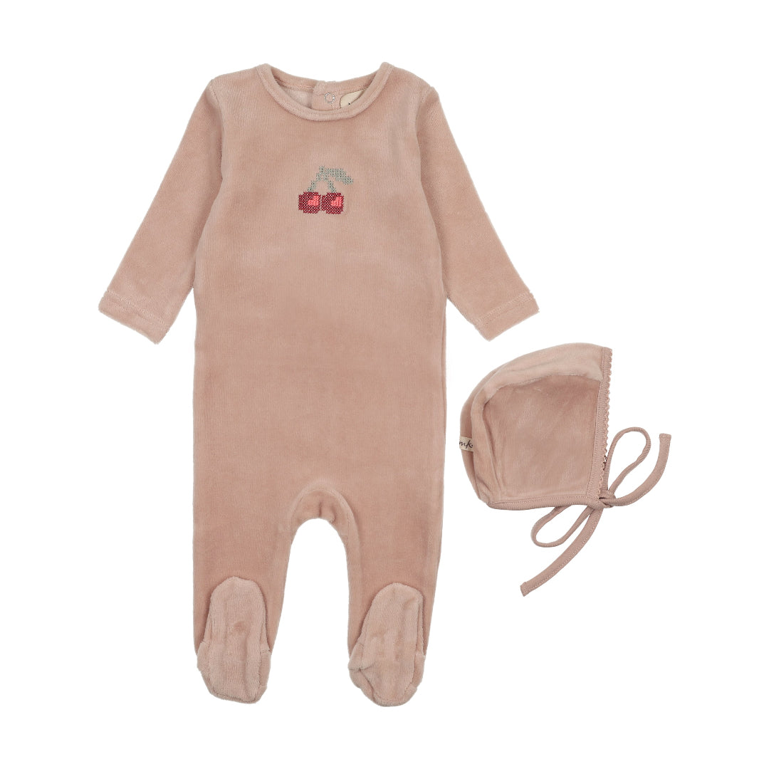 Pale Pink/Red Cherry Velour Embroidered Cherry Footie+Bonnet