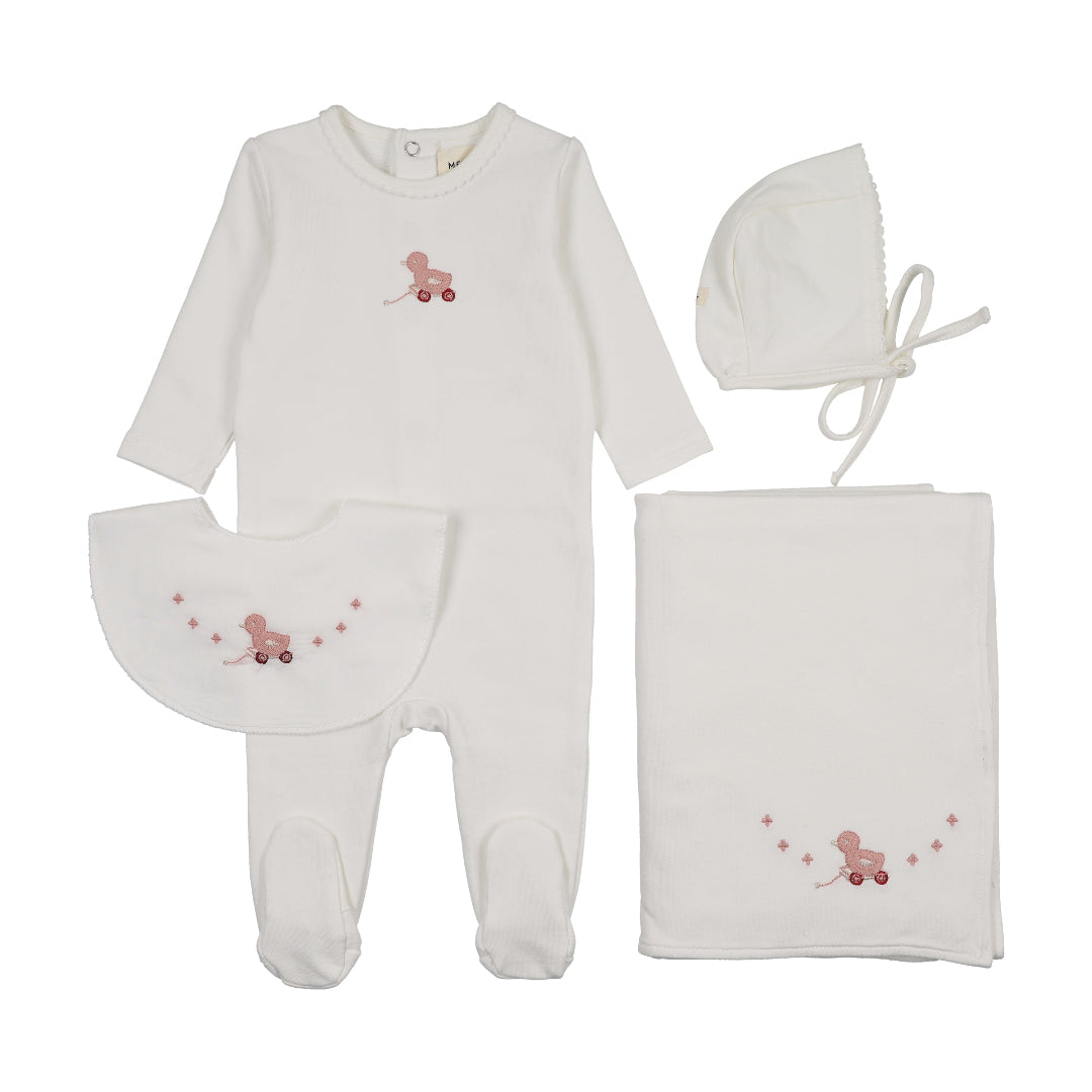 Winter White/Pink Duck Embroidered Duck Four Piece Set (including bib)