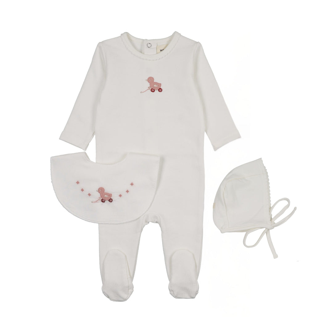 Winter White/Pink Duck Embroidered Duck Footie+Bonnet+Bib