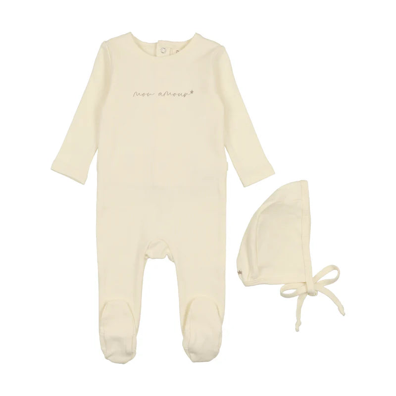 Ivory/Taupe Mon Amour Footie & Bonnet Set