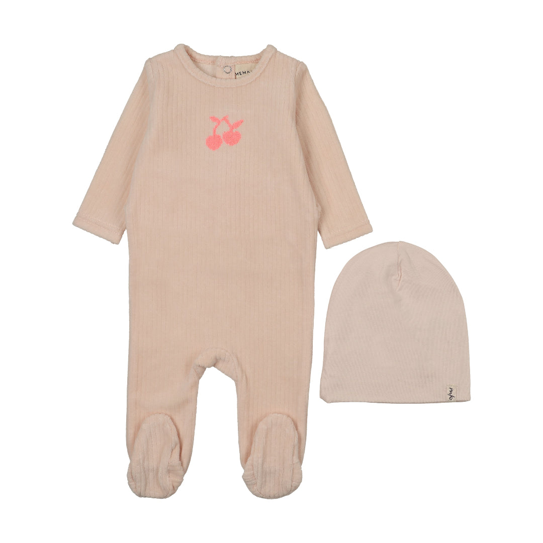 Baby Blush-Neon Pink Cherry Embroidered Cherry Footie + Beanie