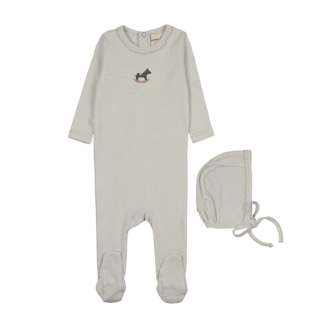 Icy Blue Pointelle Embroidered Horse Rocker Footie + Bonnet