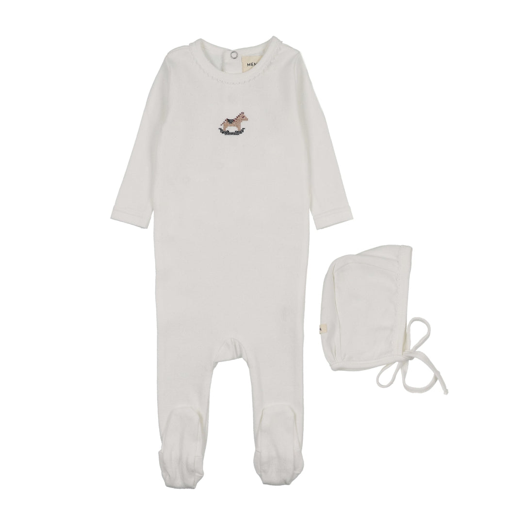 Winter White Pointelle Embroidered Horse Rocker Footie + Bonnet