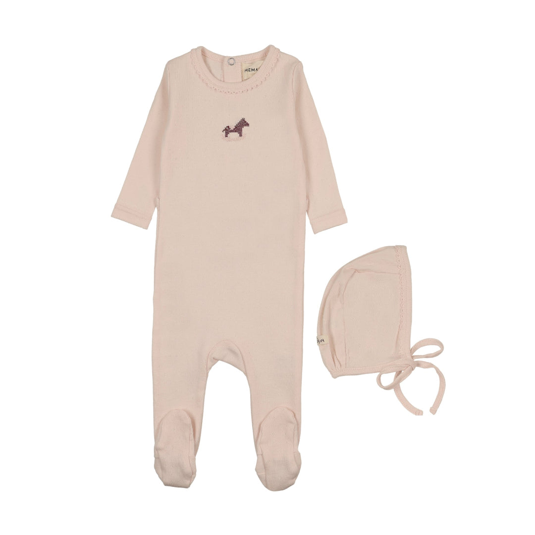Baby Blush Pointelle Embroidered Horse Rocker Footie + Bonnet
