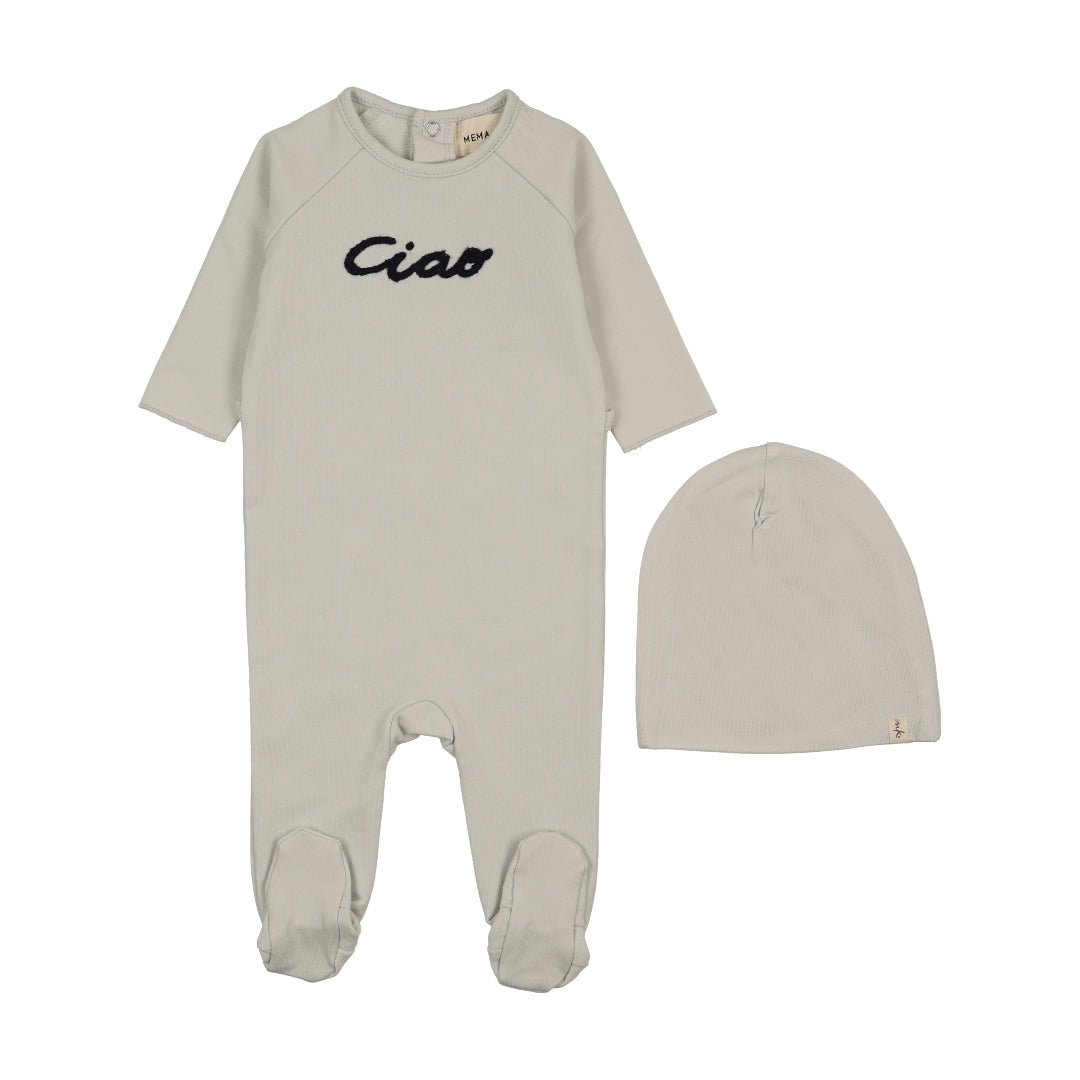 Icy Blue-Navy French Terry Embroidered Wordart Footie + Beanie