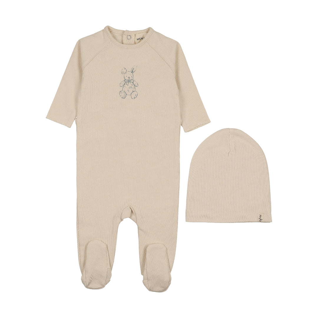 Light Beige-Blue Vintage Bunny Print Footie + Beanie
