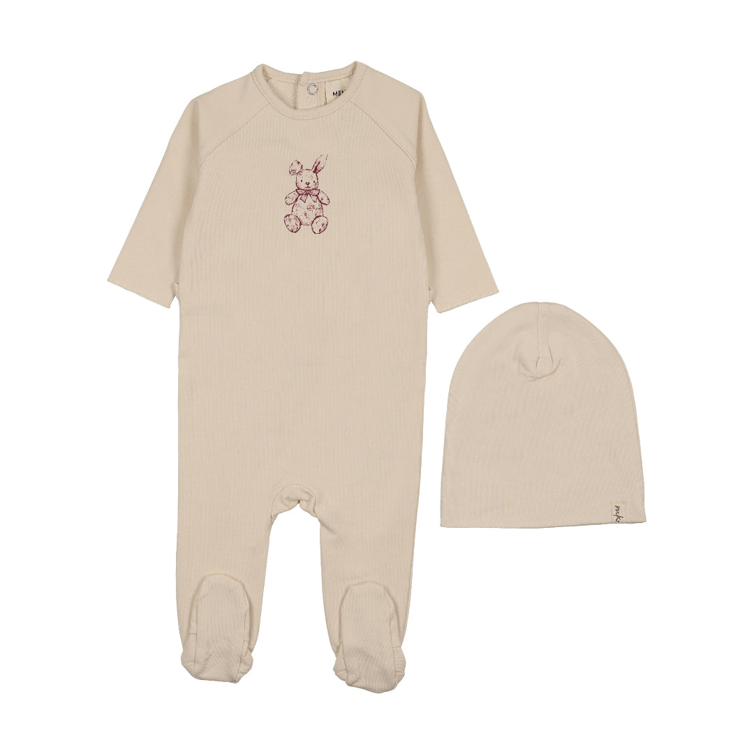 Light Beige-Rosewood Vintage Bunny Print Footie + Beanie