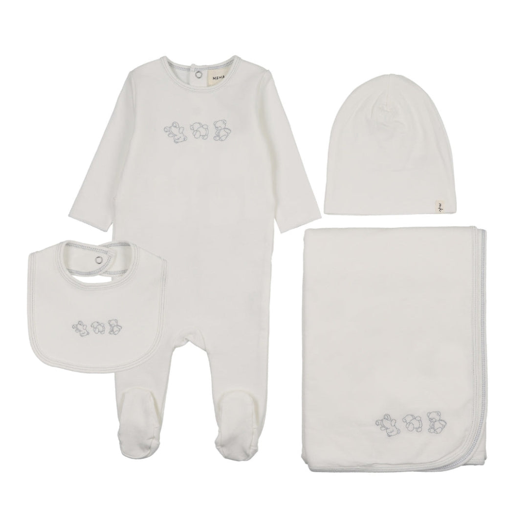 Winter White-Blue Stitching Embroidered Stitch Teddy 4 Piece Set