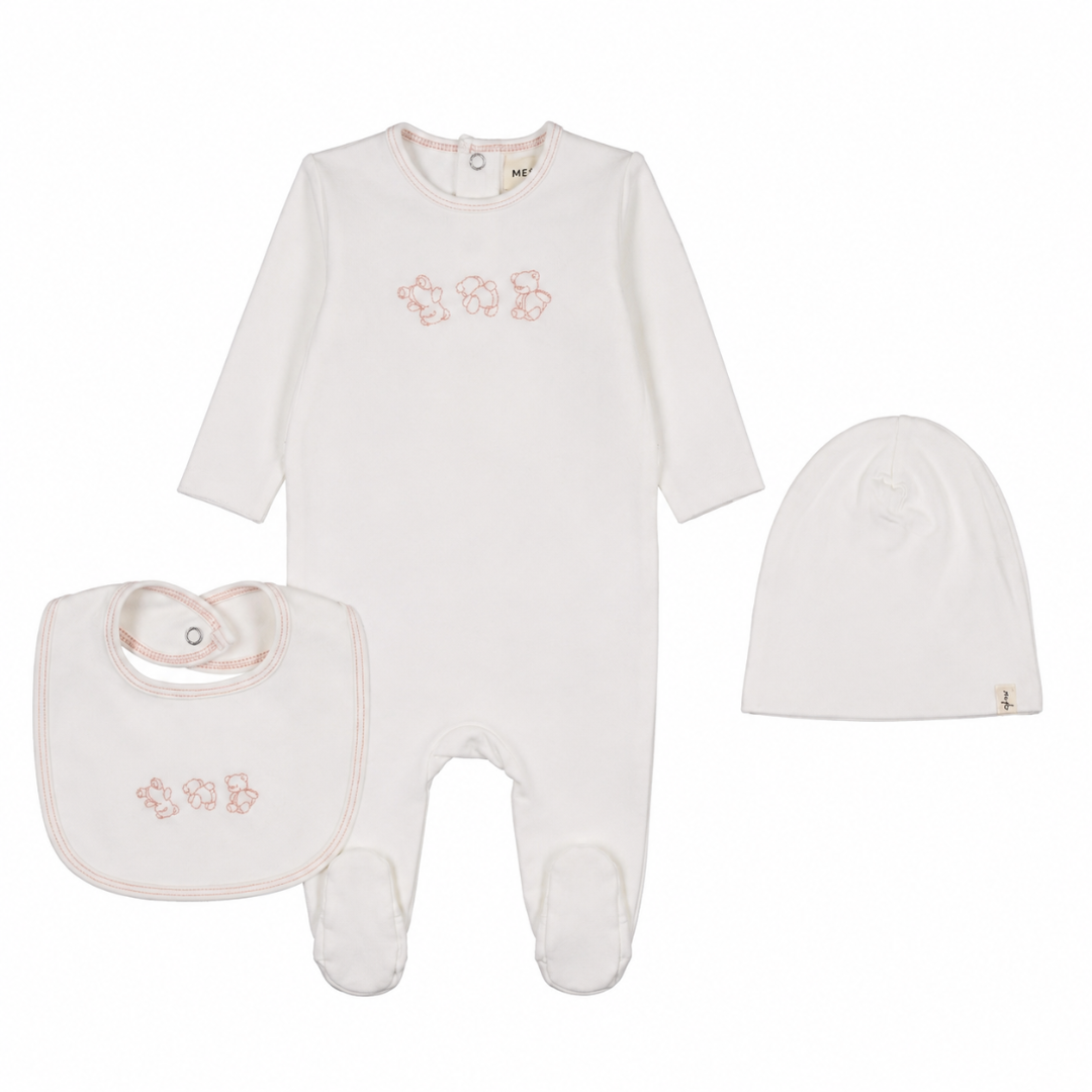 Winter White-Pink Stitching Embroidered Stitch Teddy Footie+Beanie+Bib