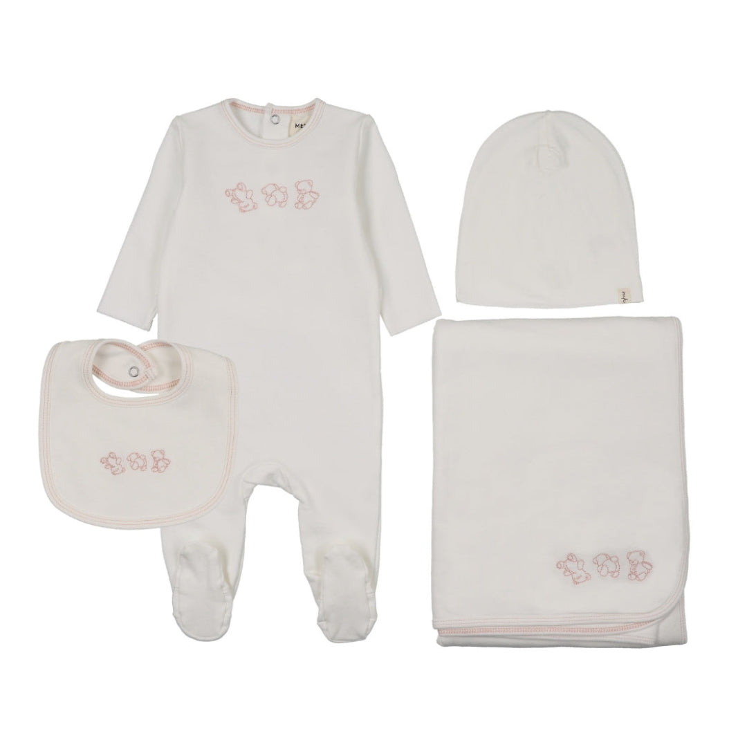 Winter White-Pink Stitching Embroidered Stitch Teddy 4 Piece Set