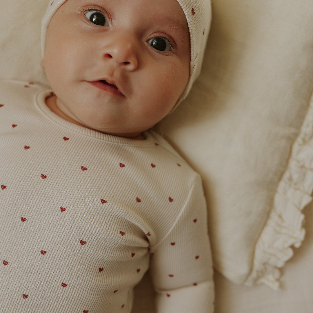 Ecru/Red Hearts Heart Printed Footie+Bonnet