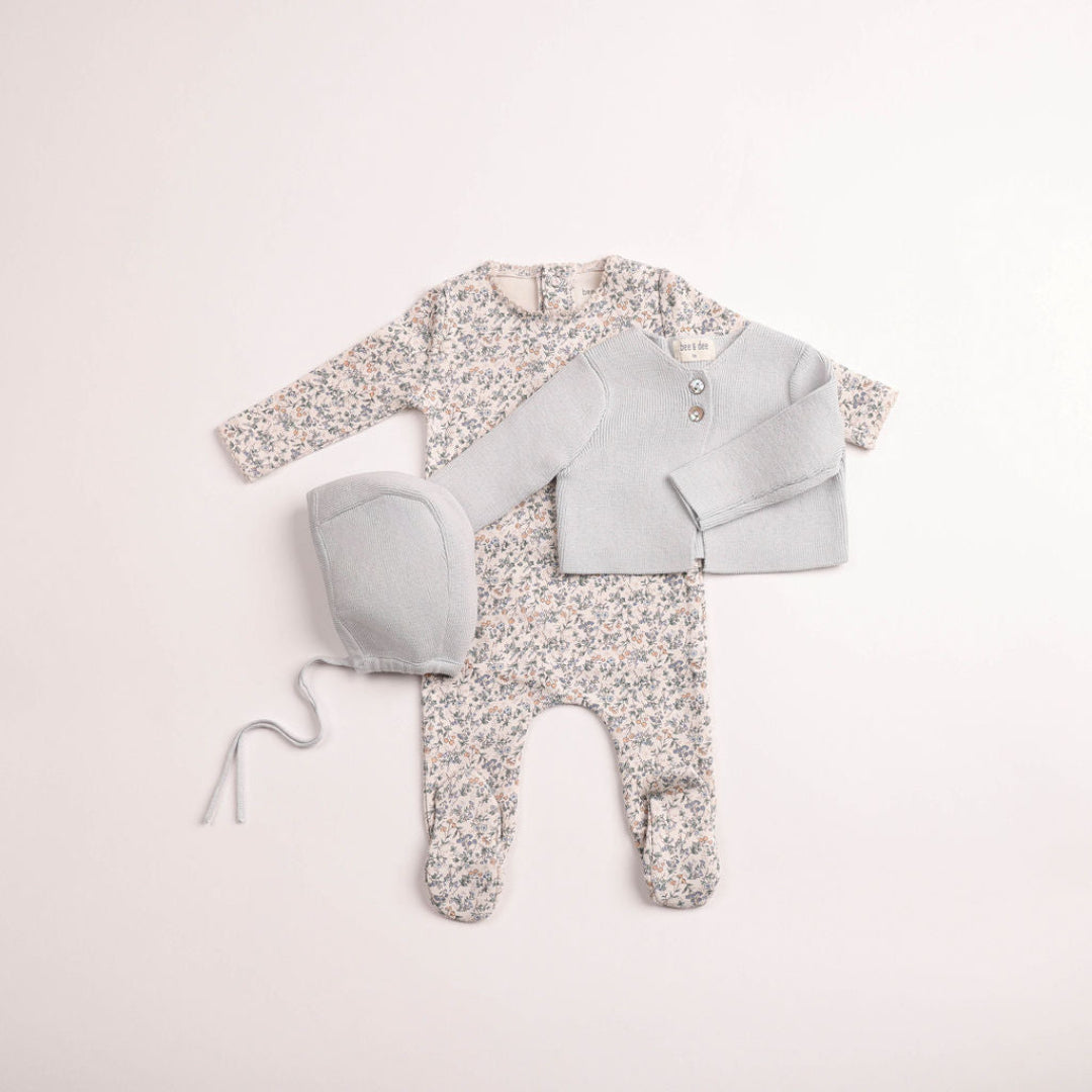 Dusty Blue Petite Fleurs Footie/Cardigan