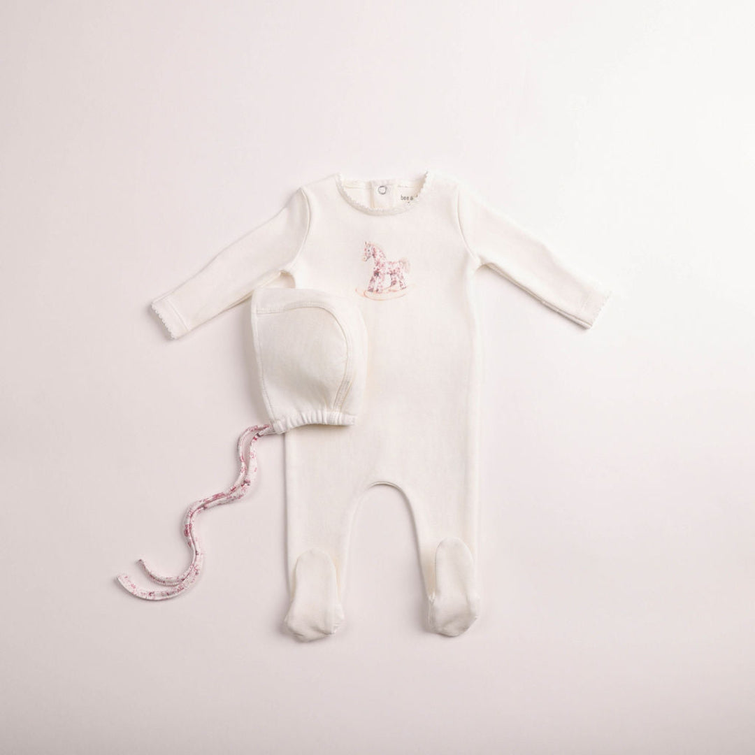 Chalk White Rocking Horse Footie/Bonnet Girls