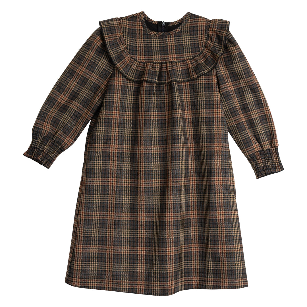 Dreamers Brown Plaid Dress w/ Bib Ruffle