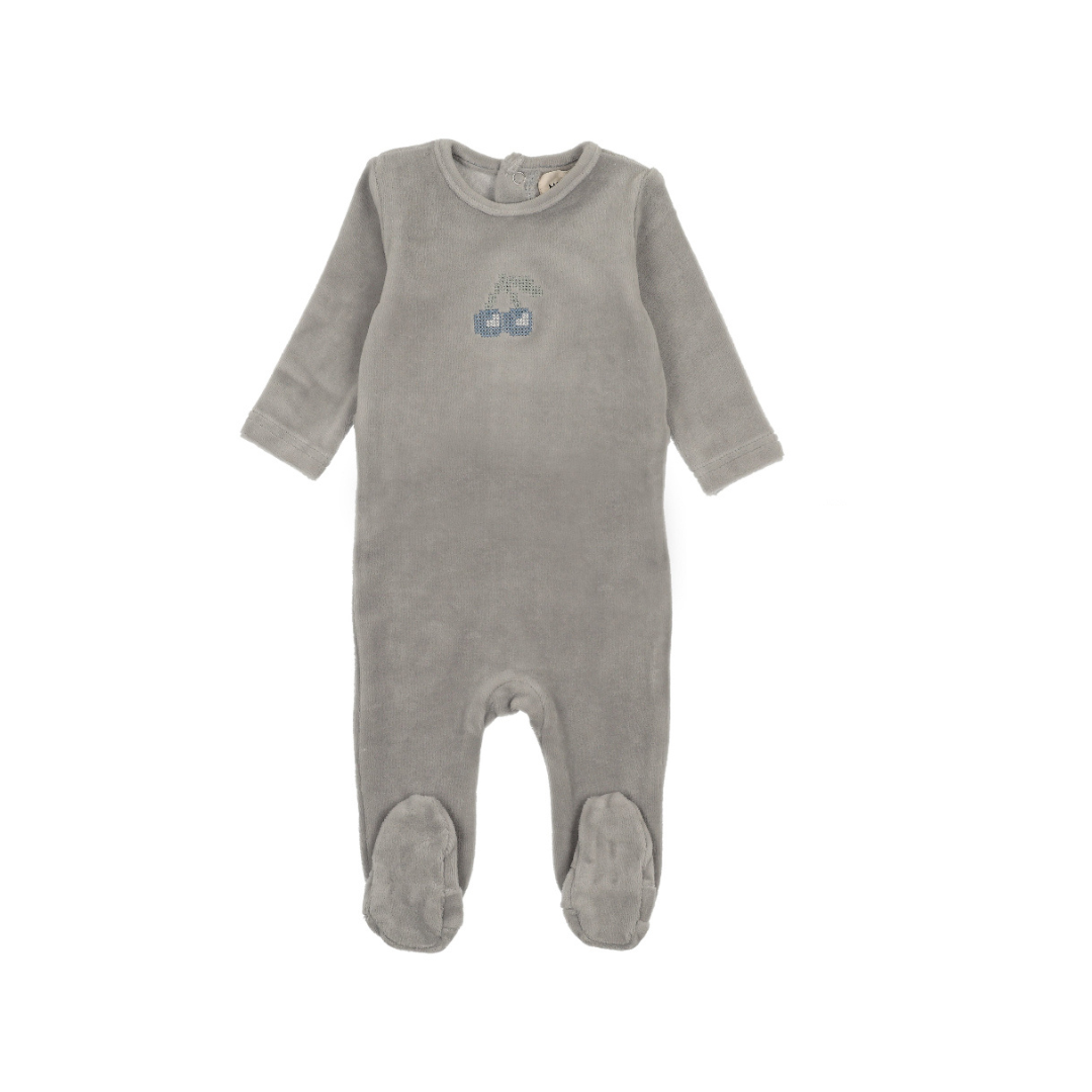 Misty Blue/Blue Cherry Velour Embroidered Cherry Footie+Bonnet