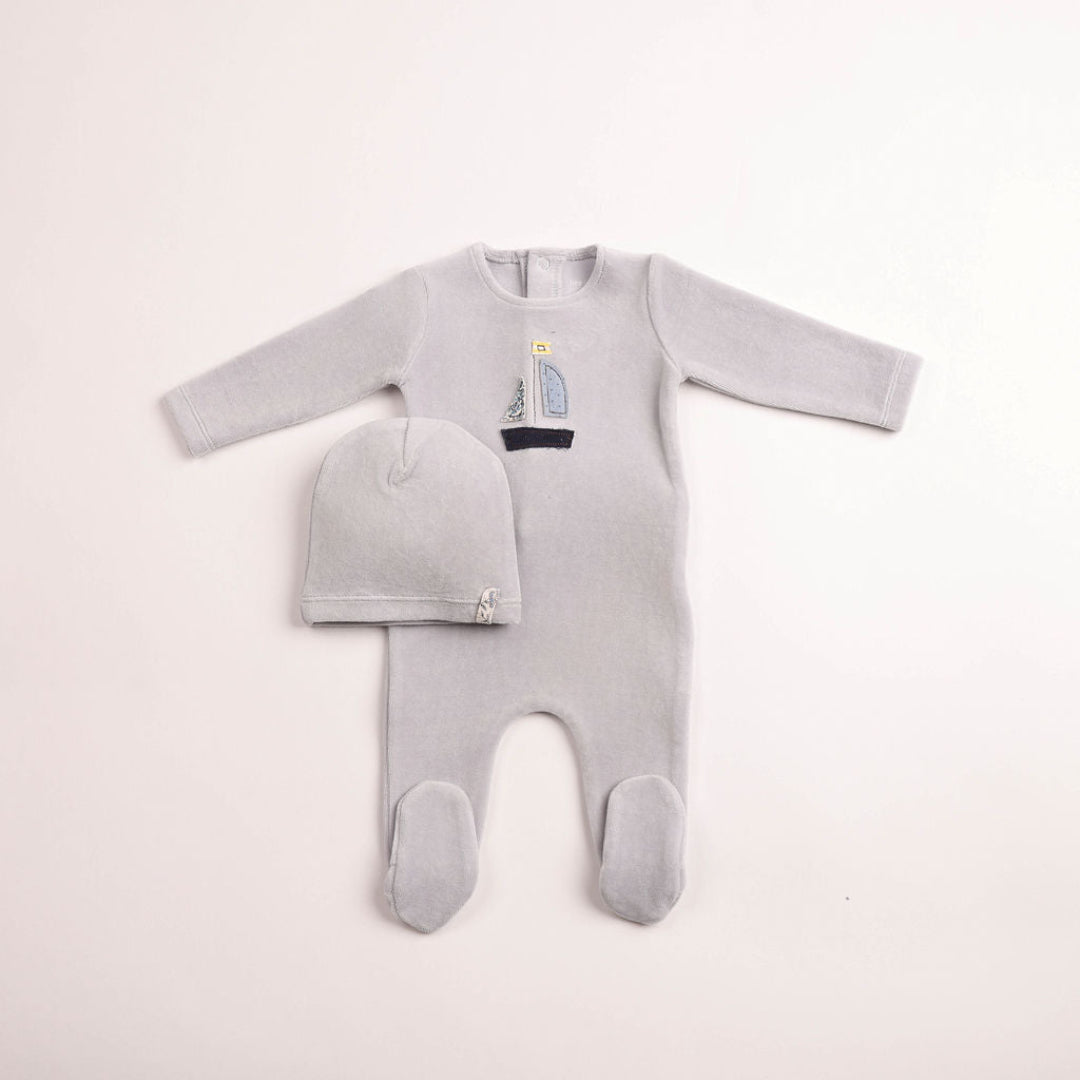 Crisp Blue Sail Away Velour Footie/Beanie