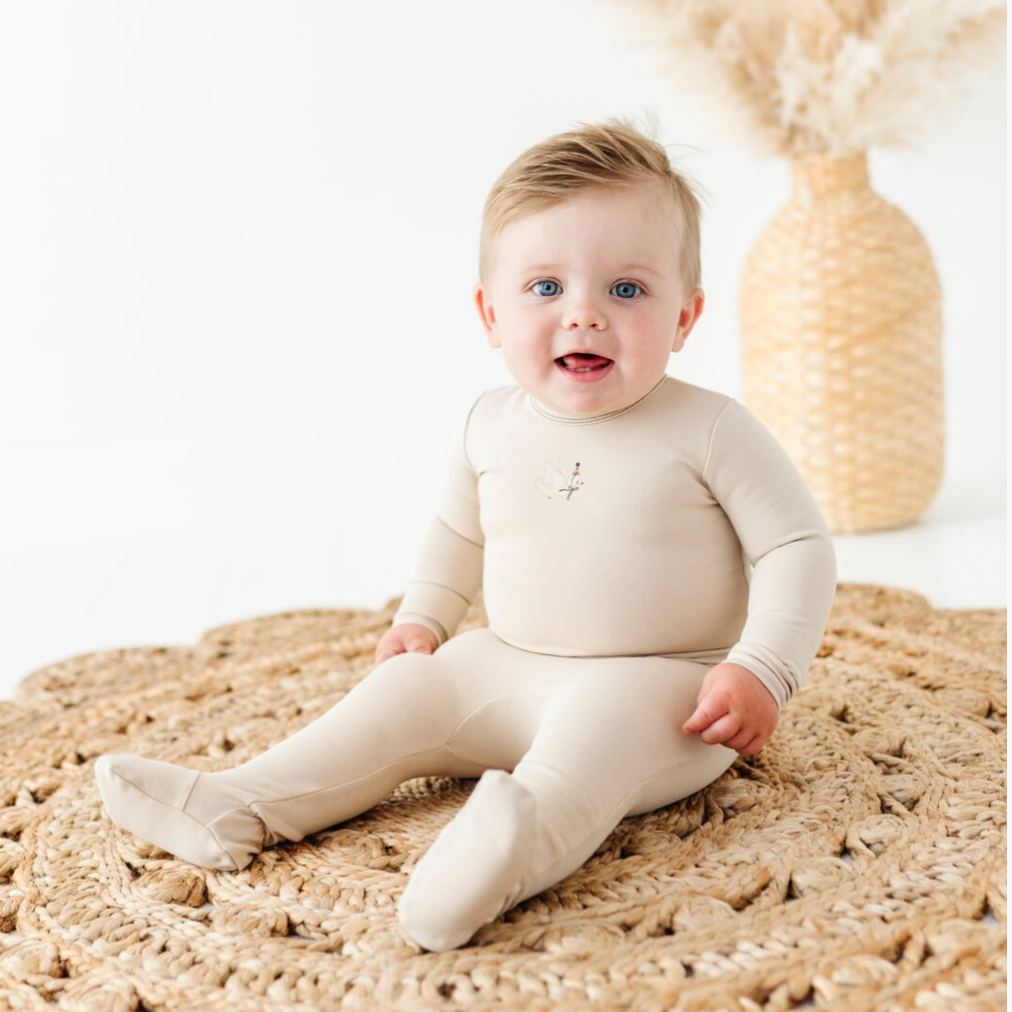 Beige Organic French Terry Bird Footie