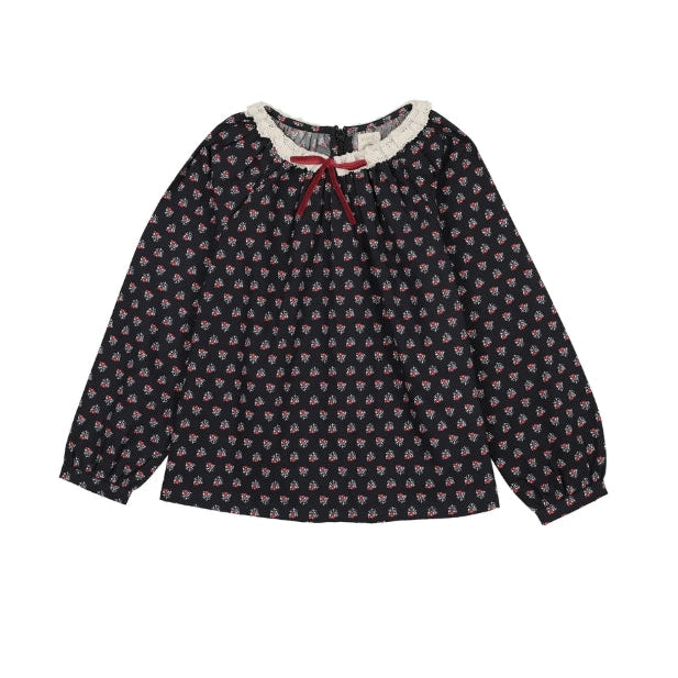 Navy Print Home Garden Lace Trim Collared Blouse