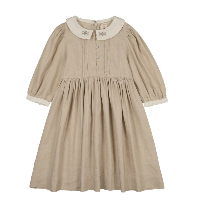 Wheat Pintuck Collar Dress 3/4 Sleeve