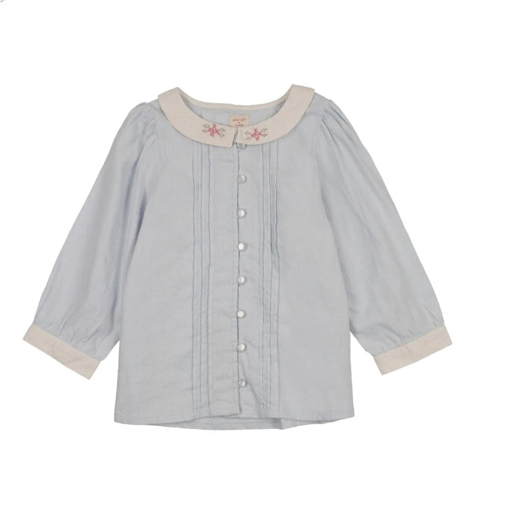 Clear Blue Pintuck 3/4 Sleeve Collar Blouse
