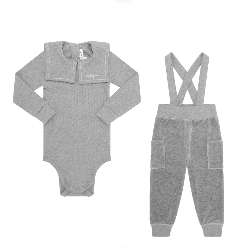 Grey Embroidered Collar Velour Overall Set