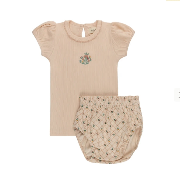 Pink Ribbed Floral Embroidered Collection Tshirt and Bloomer