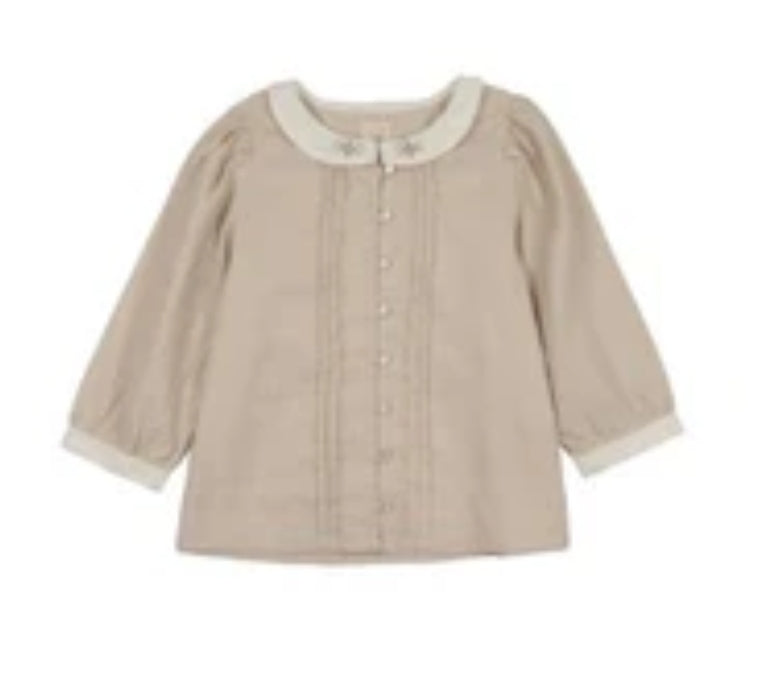 Wheat Pintuck 3/4 Sleeve Collar Blouse