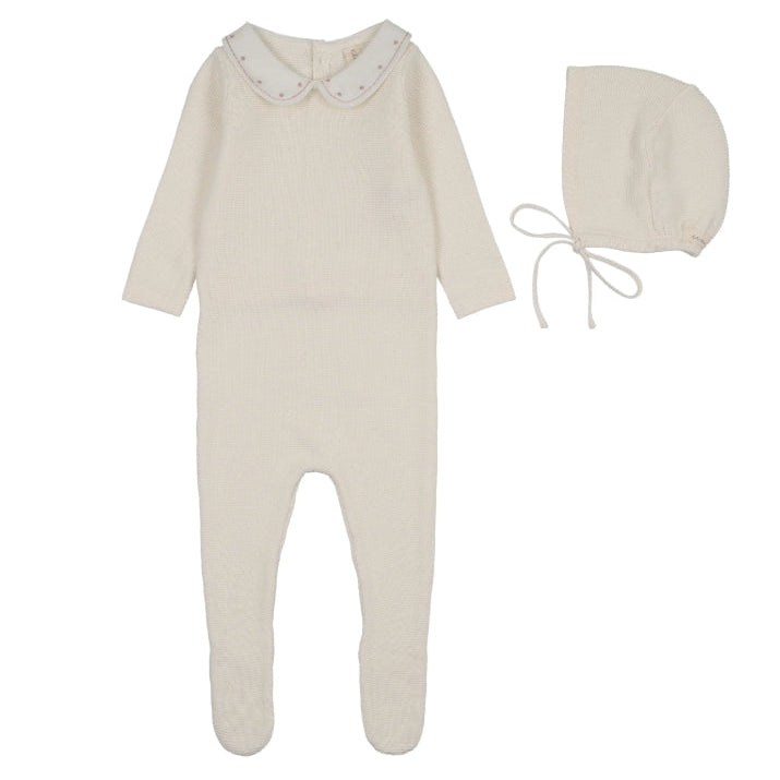 Cream/Pink Embroidered Knit Collar Footie Set