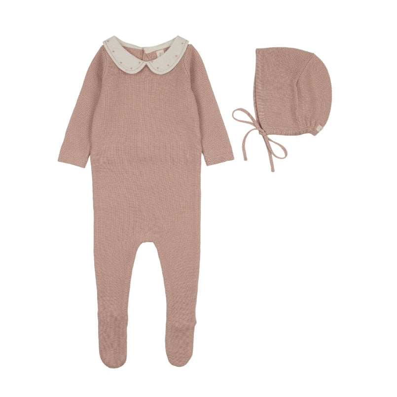 Dusty Pink Embroidered Knit Collar Footie Set