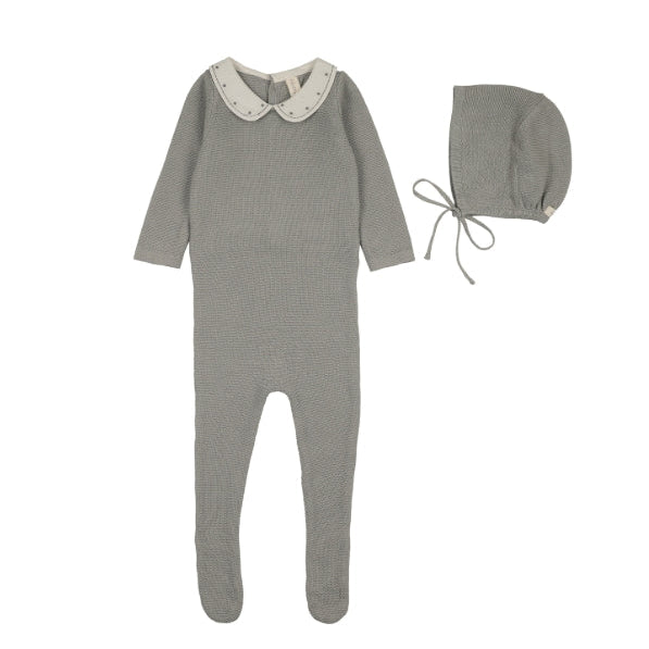Light Blue Embroidered Knit Collar Footie Set