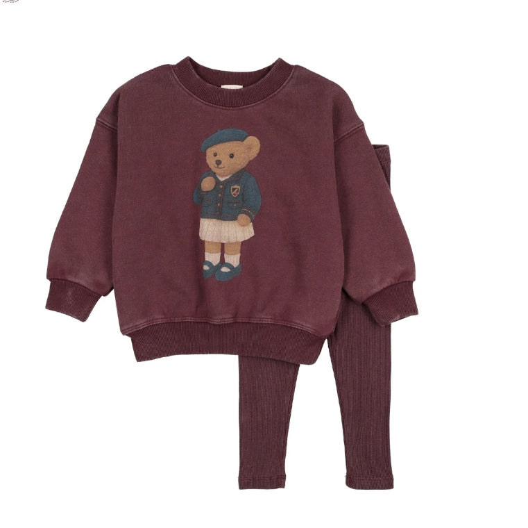 Washed Burgundy Bear Sweatshirt Set