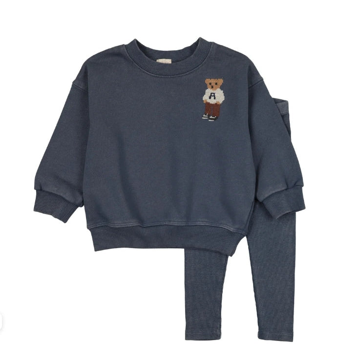 Vintage Indigo Embroidered Bear Sweatshirt Set