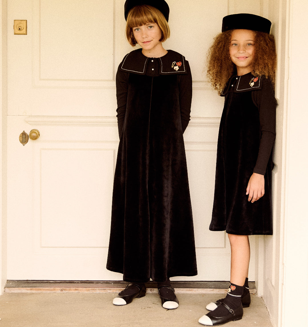 Black Embroidered Collar Velour Dress