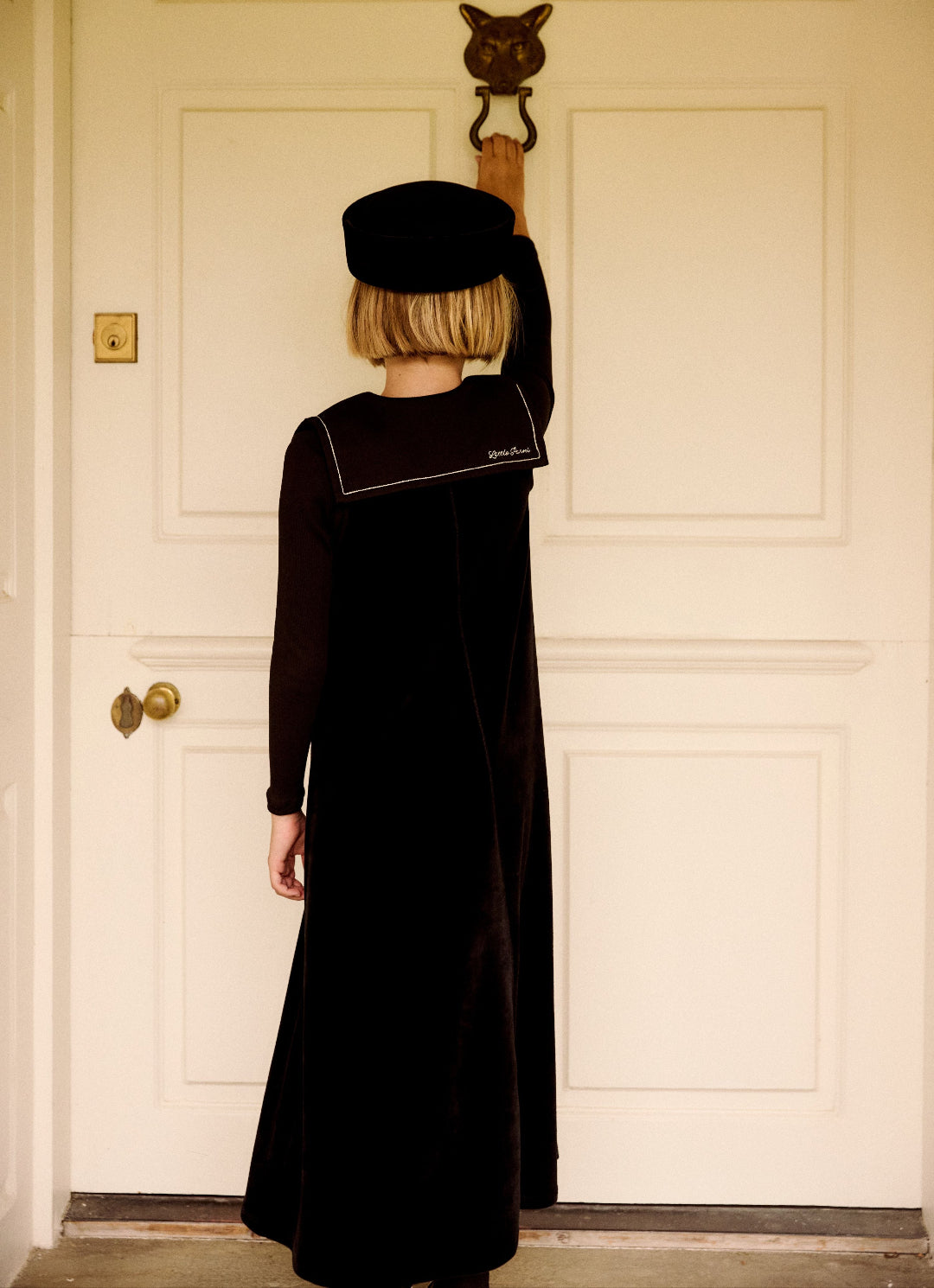 Black Embroidered Collar Velour Maxi