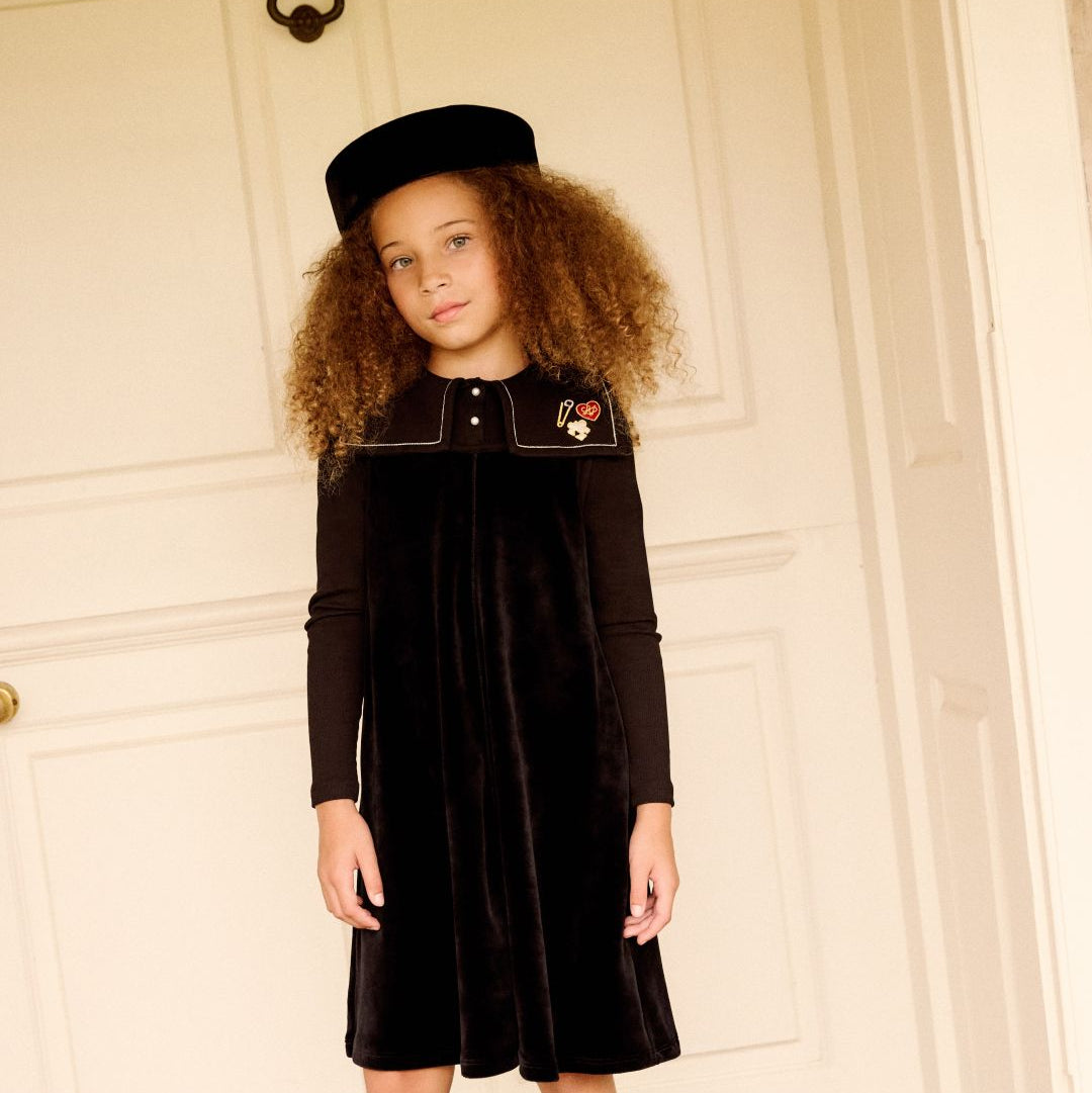 Black Embroidered Collar Velour Dress