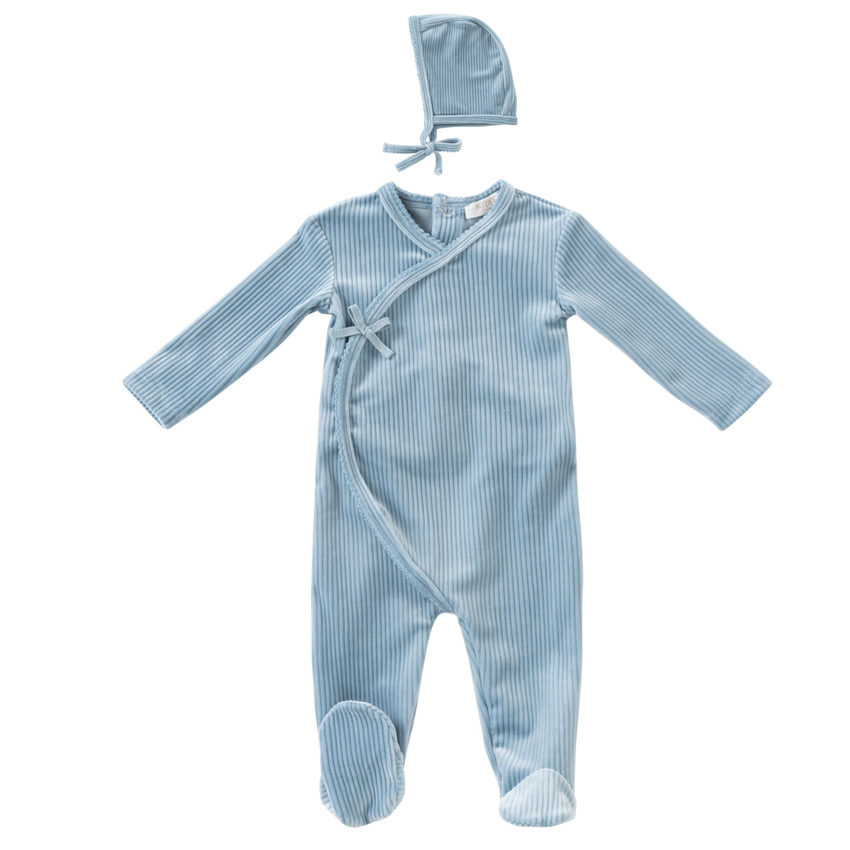 Blue Velour Pointelle Romper & Bonnet Set