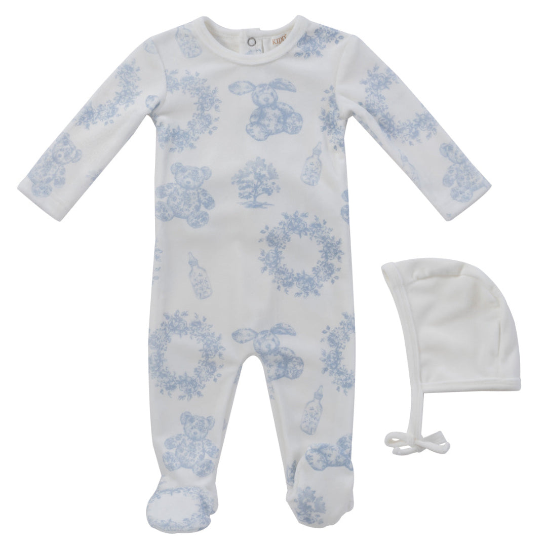 White/Blue Petit Toile Romper + Bonnet Set