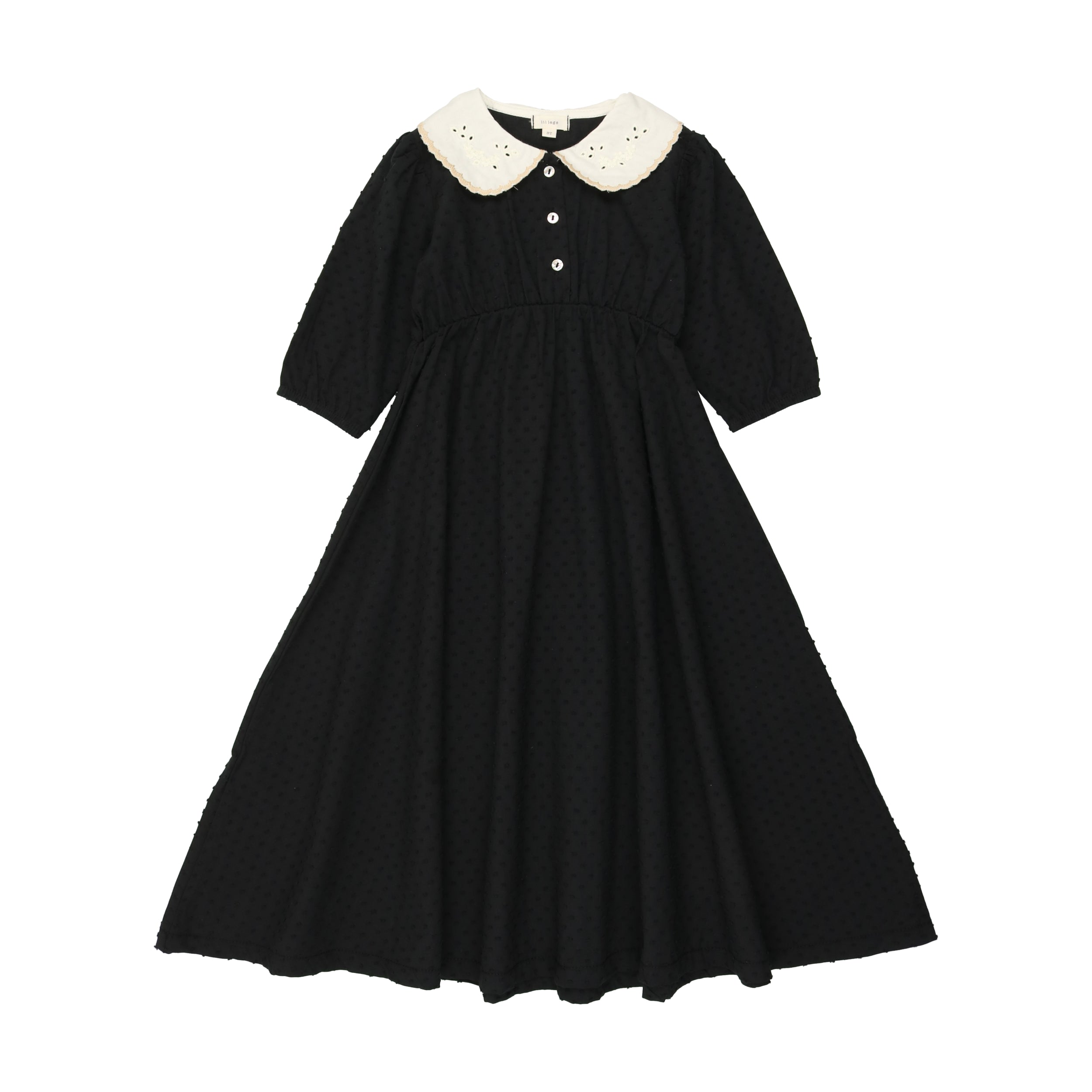 Black Swiss Dot Three Quarter Sleeve Maxi Dress