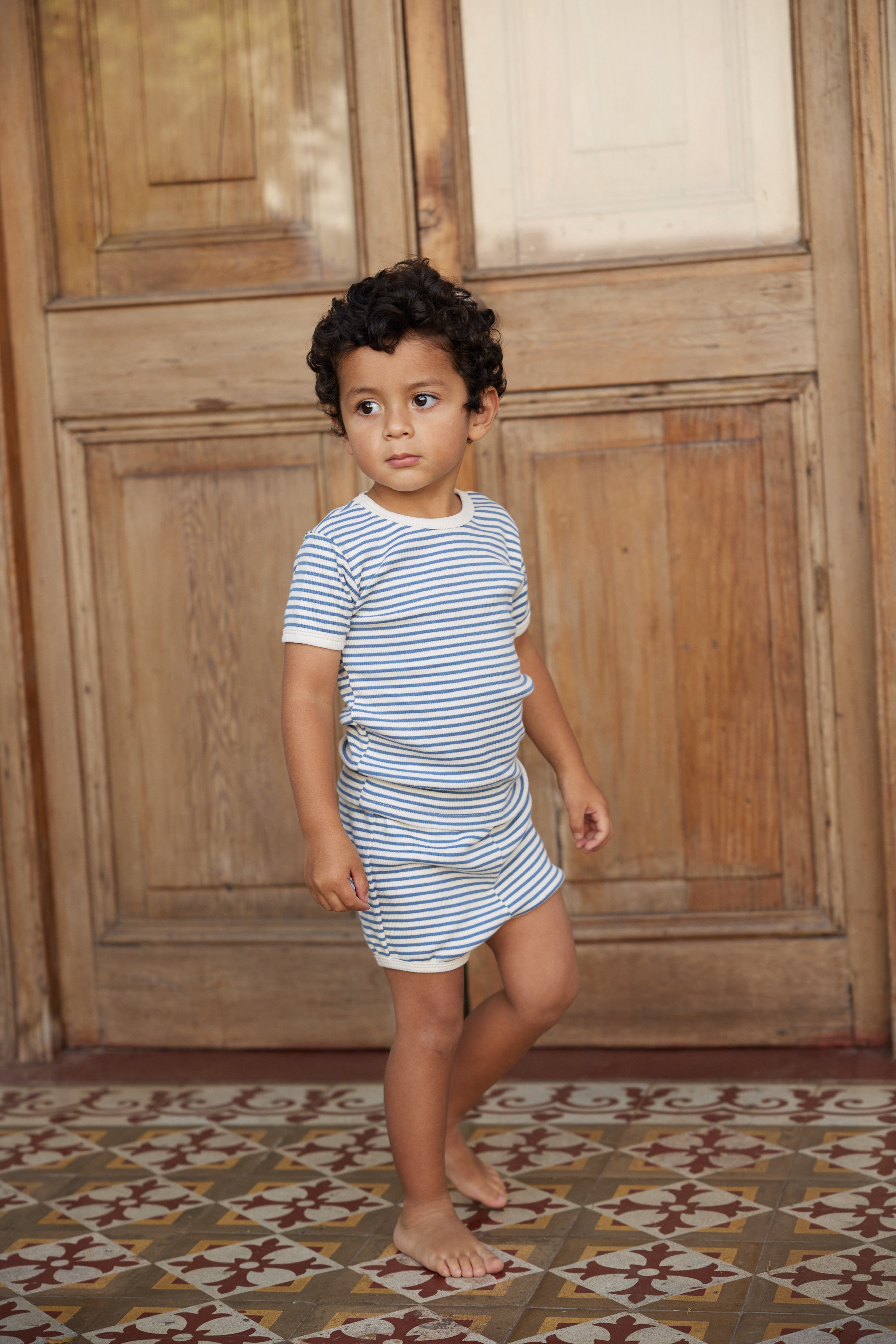 Blue Stripes Short Sleeve Ribbed Top